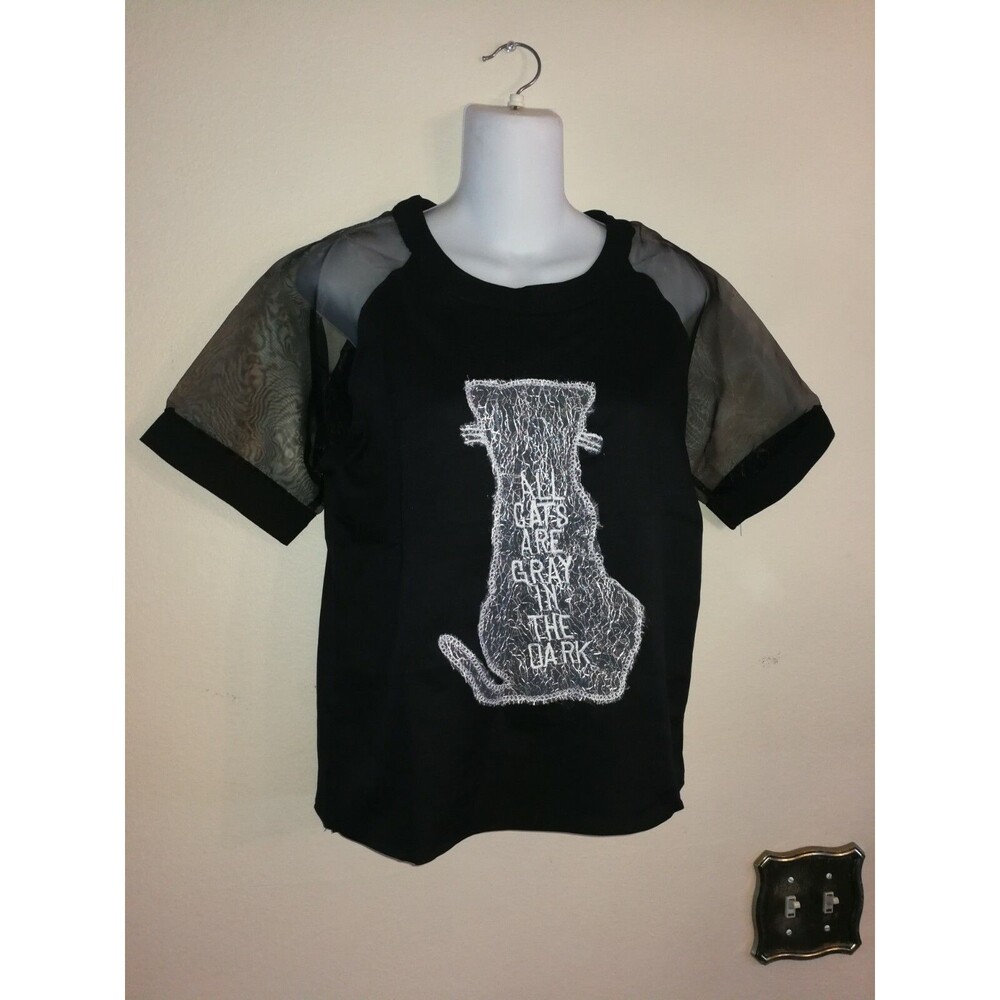 NWT Women's Black Semi Shear Top with Big Cat / Kitten Patch Size XL Fits Size M